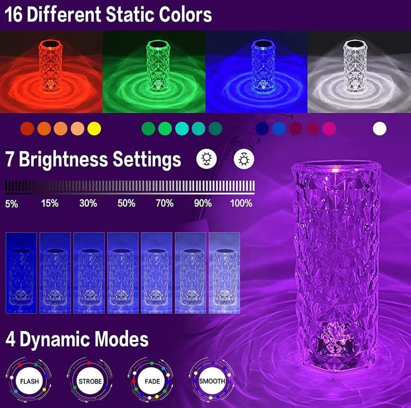 Sunshine Smile Crystal Diamond Table Lamp, RGB Colour Changing Night Light, USB Rechargeable Acrylic Crystal Lamp