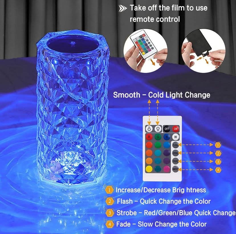 Sunshine Smile Crystal Diamond Table Lamp, RGB Colour Changing Night Light, USB Rechargeable Acrylic Crystal Lamp