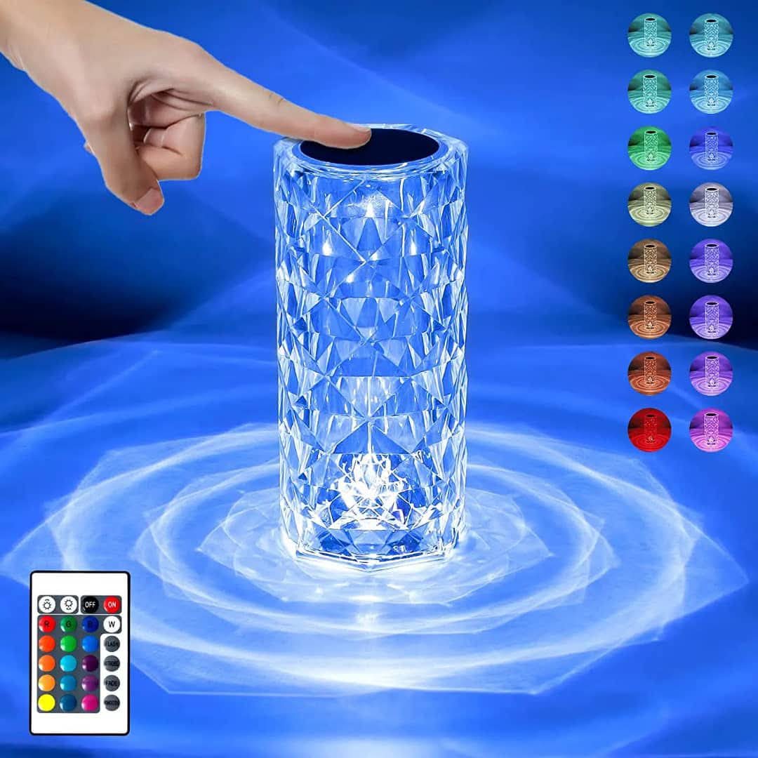 Sunshine Smile Crystal Diamond Table Lamp, RGB Colour Changing Night Light, USB Rechargeable Acrylic Crystal Lamp