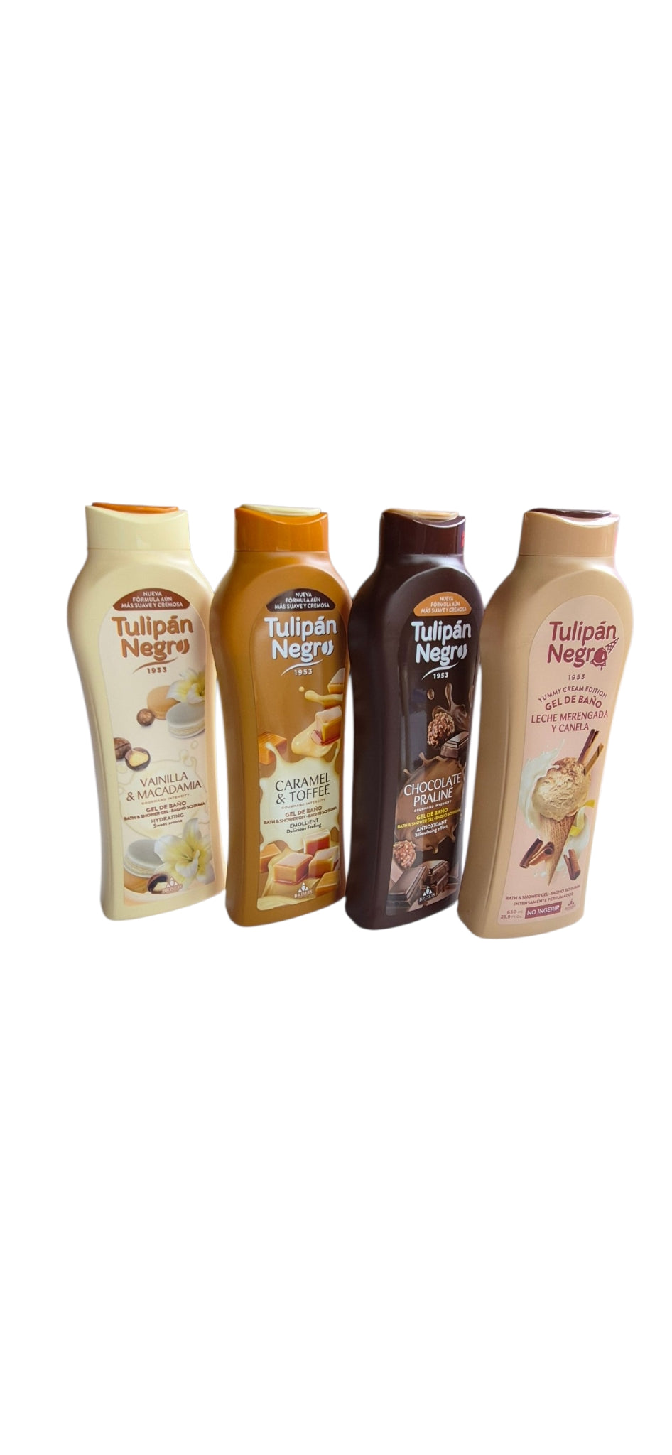 Tulipan Negro Shower Gel Bundle Of 4 - Chocolate Praline, Vanilla And Macadamia, Toffee And Caramel And Cinnamon And Milk