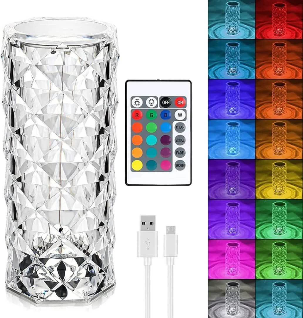 Sunshine Smile Crystal Diamond Table Lamp, RGB Colour Changing Night Light, USB Rechargeable Acrylic Crystal Lamp